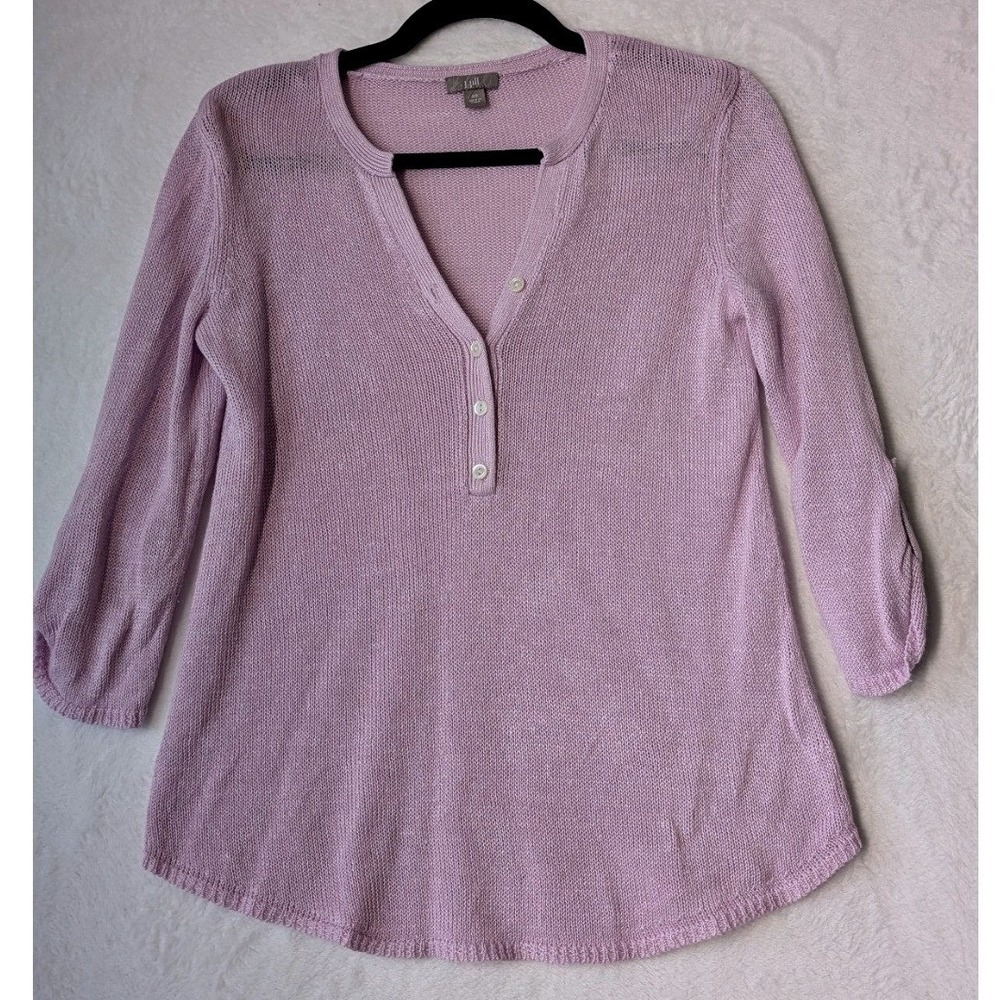 J. Jill Henley Sweater Women XS Lavender Linen Bamboo Roll Tab Sleeve Pullover